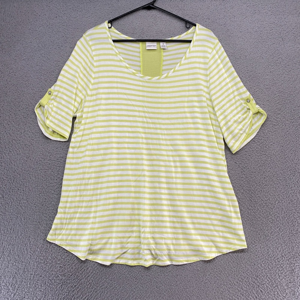 Chicos Zenergy Top Womens 3 / XL Tunic Striped Athletic Golf Gym Casual Yellow